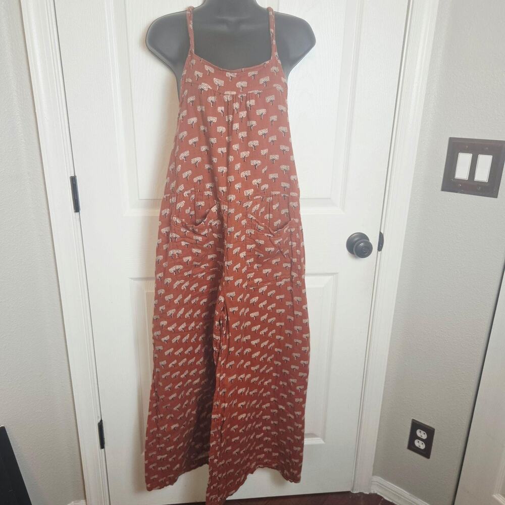 Natural Life Jumpsuit Small Orange Tree Print Tie Back Pockets Boho Slouchy